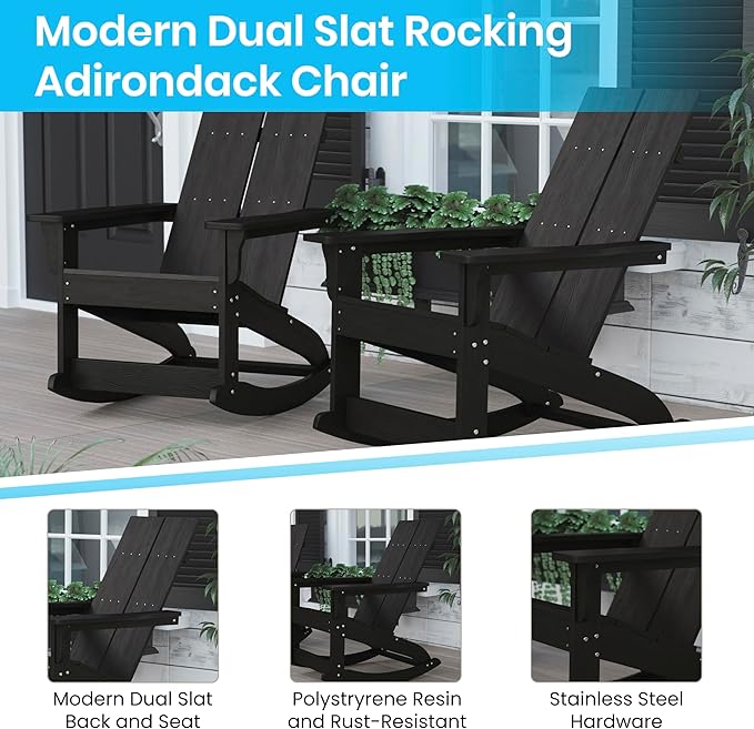 Flash Furniture Set of 4 Finn Modern Commercial Grade Adirondack Rocking Chairs - All-Weather Black Poly Resin Wood - Photo 4