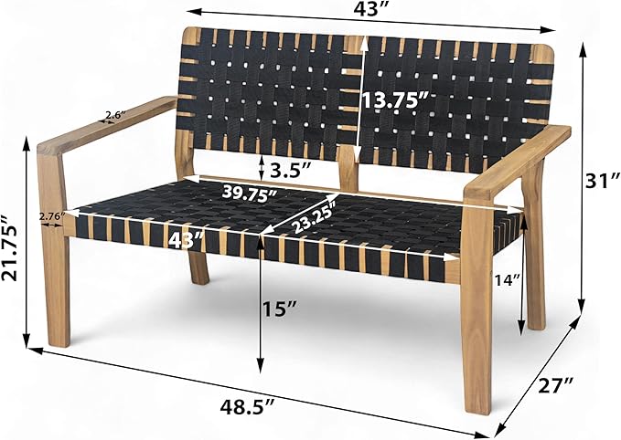 Christopher Knight Home Lenno Patio Loveseat, Acacia Wood Outdoor Bench, Woven Rope Armchair, 2 Seater Bench, Spacious Seating Sofa, Outdoor Acacia Wood Loveseat for Gardern Poolside Porch, Black