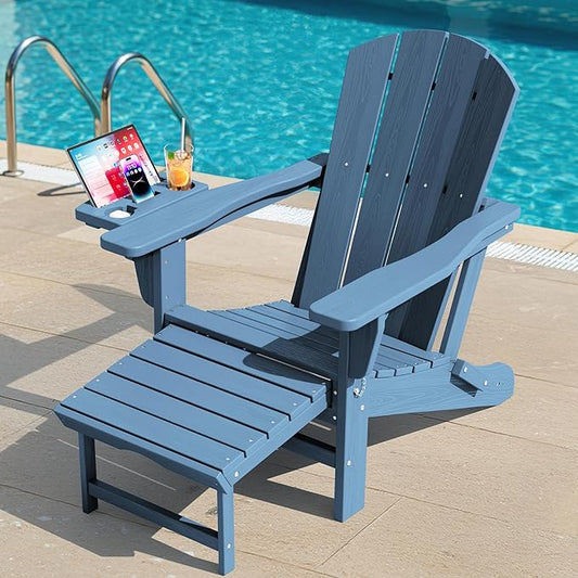 KINGYES Folding Adirondack Chair, Adjustable Backrest with Pull-Out Footrest & 4-in-1 Mobile Phone, Tablet, Cup Holder