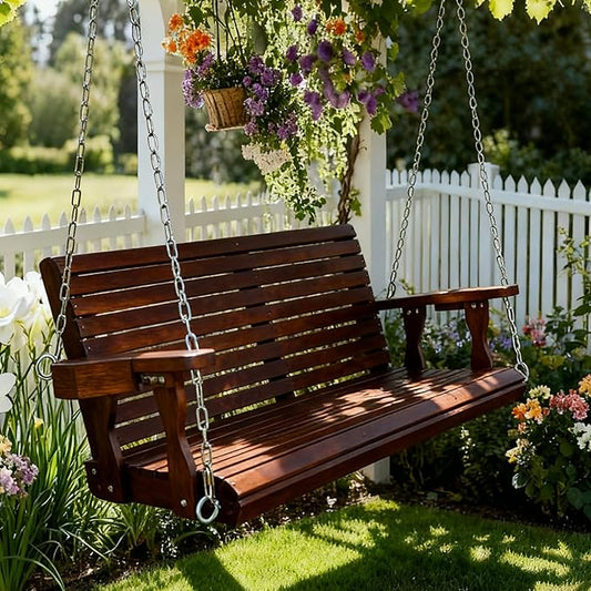 Wooden Porch Swing 2-Seater, High Backrest and Deep Seat, Bench Swing with Cupholders, Hanging Chains and 7mm Springs, Heavy Duty 880 LBS, for Outdoor Patio Garden (Deep Brown, 4 FT Extra Large)