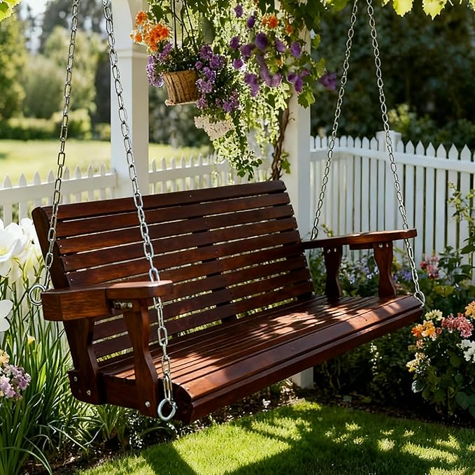 Wooden Porch Swing 2-Seater, High Backrest and Deep Seat, Bench Swing with Cupholders, Hanging Chains and 7mm Springs - Photo 2
