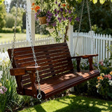 Wooden Porch Swing 2-Seater, High Backrest and Deep Seat, Bench Swing with Cupholders, Hanging Chains and 7mm Springs - Photo 2