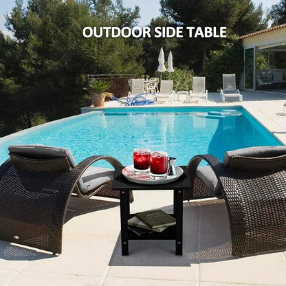 Adirondack Outdoor Side Table with Wood-Like Grain, 16.6" Small Patio End Table, 2-Tier HDPE Plastic Table for Poolside Porch Garden, Weather Resistant & Easy Assembly (Black, Rectangle)