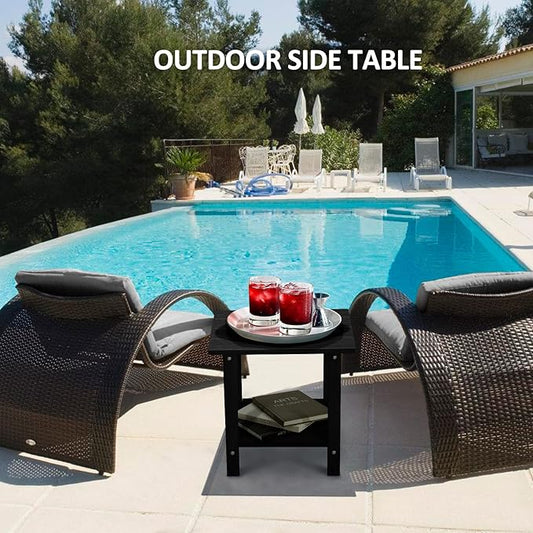 Adirondack Outdoor Side Table with Wood-Like Grain, 16.6" Small Patio End Table, 2-Tier HDPE Plastic Table for Poolside Porch Garden, Weather Resistant & Easy Assembly (Black, Rectangle)