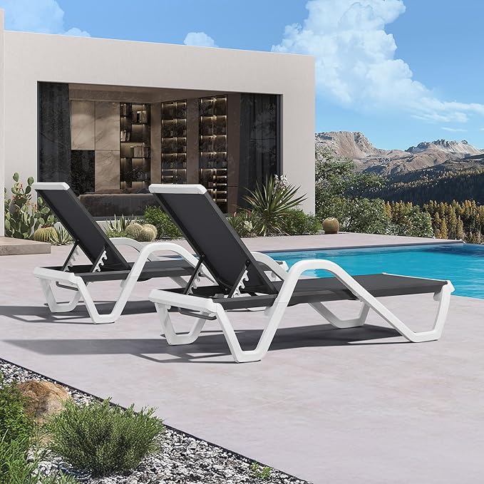 PURPLE LEAF Patio Chaise Lounge Set of 2 Plastic Pool Outdoor Lounge Chair with Armrest Stackable Poolside Tanning Chairs for Beach Deck Yard Sunbathing, Dark Grey