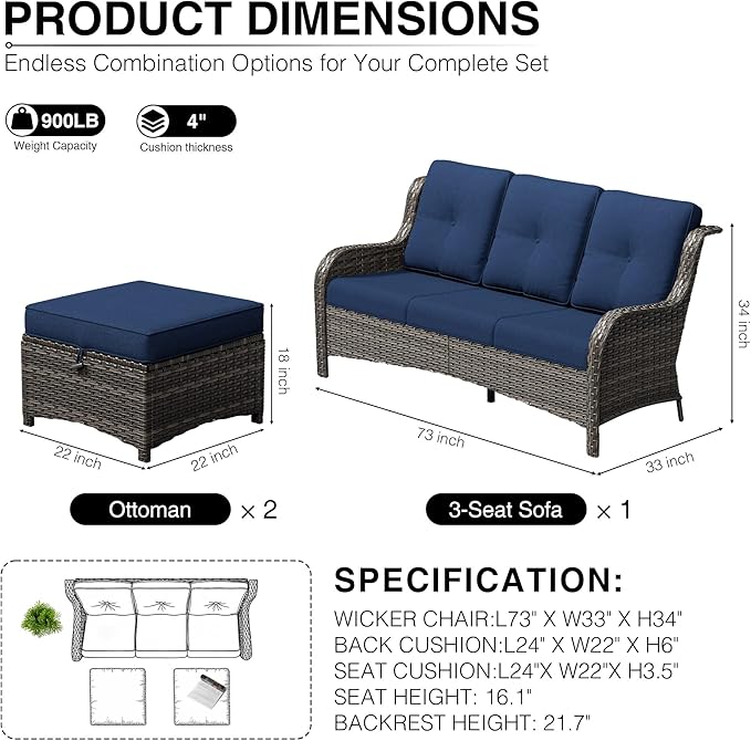 Joyside Outdoor Patio Couch Set, Outdoor Wicker Sofa with High Back, Deep Seating, Wide Armrest, Thickened Cushions - Photo 3