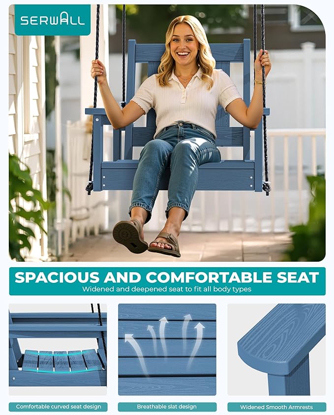 SERWALL HDPE Single Porch Swing Set of 2, Heavy Duty Single Person Swing Chair with 2 Polypropylene Hanging Ropes - Photo 4