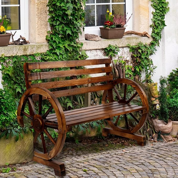 Rustic Wooden Wheel Bench - 41" Outdoor Garden Bench for 2 Person, Weatherproof Outdoor Patio Bench, Patio Benches for Outdoors 350lbs Capacity