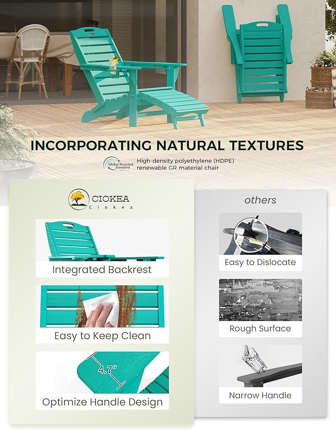 Ciokea Folding Adirondack Chair Set of 2 with Retractable Ottoman Fire Pit Patio Chair with Pull Out Foot Rest Weather - Photo 6