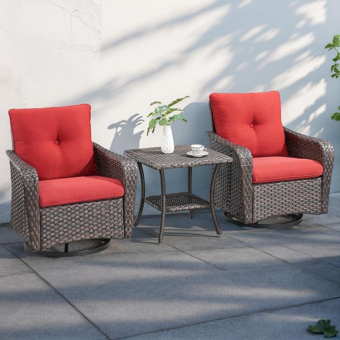 Rilyson Outdoor Patio Swivel Rocker Chairs - 6 PC Wicker Patio Bistro Sets with High Back,Comfy Cushions,Deep Seating and Side Table for Porch Deck Backyard Garden(Brown/Red)
