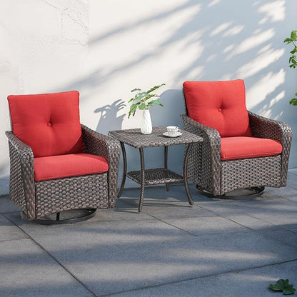 Rilyson Outdoor Patio Swivel Rocker Chairs - 3 PC Wicker Patio Bistro Sets with High Back,Thick Comfy Cushions, Deep Seating and Side Table for Porch Deck Backyard Garden(Brown/Red)