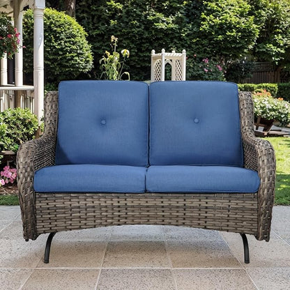 Patio Loveseat Glider Set, Resin Wicker Loveseat Glider with 4 Swivel Patio Chiars Rectangular Firepit Table, 7 Piece Patio Conversation Loveseat Set, Grey Wicker|Blue Cushions