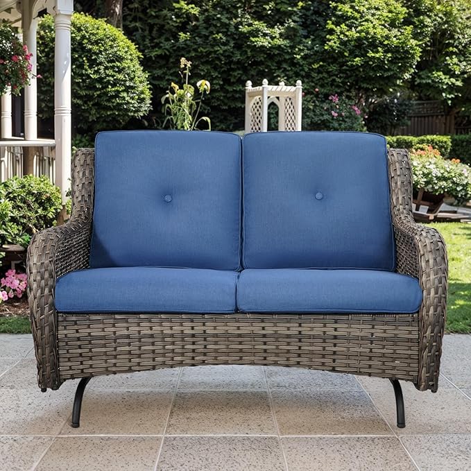 Patio Loveseat Wicker Loveseat Rattan Glider Sofa with Curved Armrest Thicking Back & Seat Cushions for Garden Balcony Backyard Grey Wicker|Blue Cushions (A) Patio Loveseat Glider
