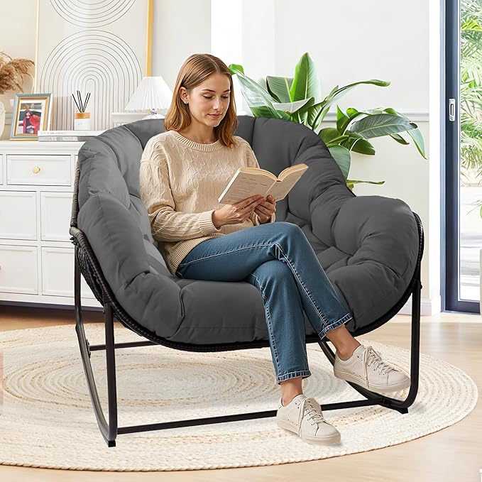Papasan Rocking Chair Indoor & Outdoor, Oversized Egg-Shaped Papasan Rocker with Cushion & Pillow, All-Weather Wicker Patio Lounge Chair for Garden, Porch, Living Room (Gray)