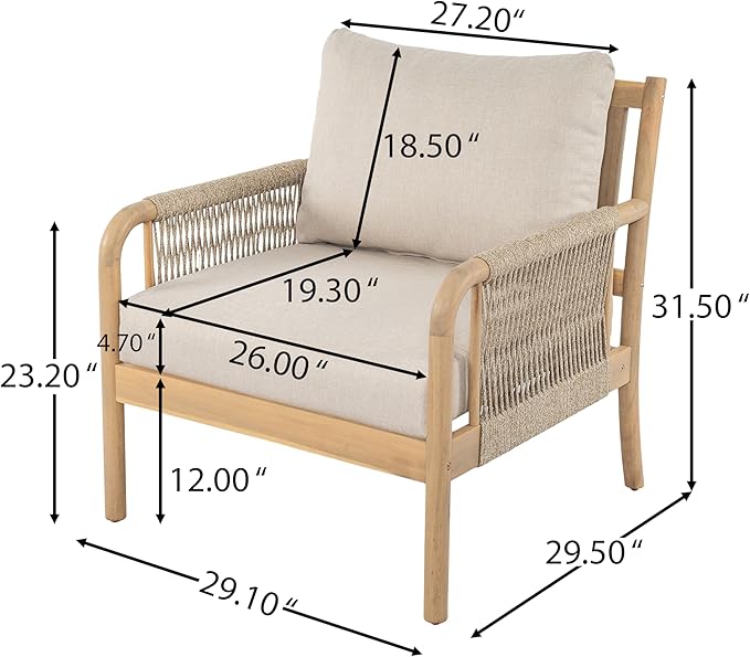 Christopher Knight Home Casper Acacia Wood Lounge Chair Outdoor with Removable Cushion, Wooden Patio Accent Chair with Woven Rope Details, Outdoor Armchair for Patio Furniture Set, Light Teak+Beige