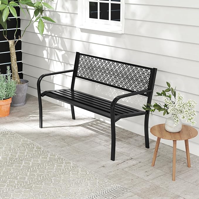 Tangkula 50 Inches Outdoor Garden Bench, Metal Patio Park Bench with Geometric Lattice Backrest, Armrests and Slatted Seat, Outdoor Loveseat Chair for Porch, Lawn and Yard (Black)