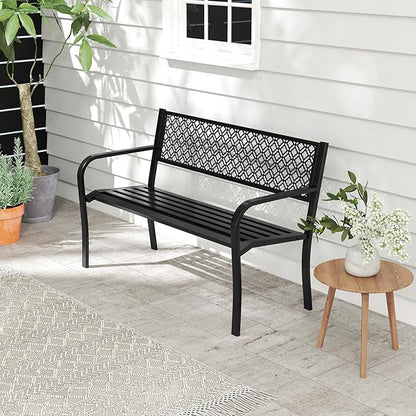Tangkula 50 Inches Outdoor Garden Bench, Metal Patio Park Bench with Geometric Lattice Backrest, Armrests and Slatted Seat, Outdoor Loveseat Chair for Porch, Lawn and Yard (Black)