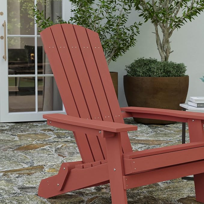 Merrick Lane Riviera Poly Resin Folding Adirondack Lounge Chair - Red - Indoor/Outdoor - Weather Resistant