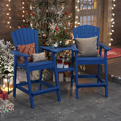 Tall Adirondack Chairs Set of 2, Bar Height HDPE Deck Chairs with Connecting Trays & Umbrella Hole, Weatherproof Patio Bar Stools for Balcony, Garden (Navy Blue)