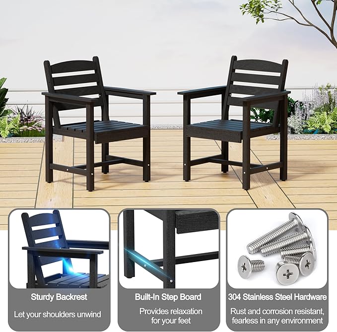Scurrty Plastic Adirondack Chairs Set of 2, Patio Chairs with Wood Texture,Lawn Fire Pit Deck Porch Garden Chairs for Adults (Black)