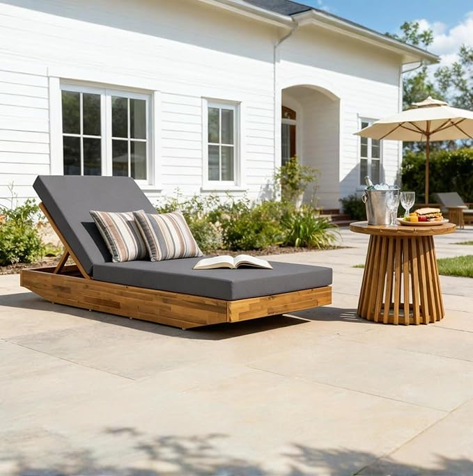 Acacia Wood Chaise Lounge with Cushion - Teak Finish Outdoor Recliner with Dark Gray Water-Repellent Cushion, 79.6" L x 29" W, 300 lbs