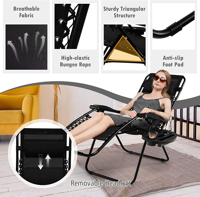 Tangkula Set of 2 Zero Gravity Chair, Folding Patio Lounge Chair Adjustable Outdoor Recliner with Cup Holder - Photo 6