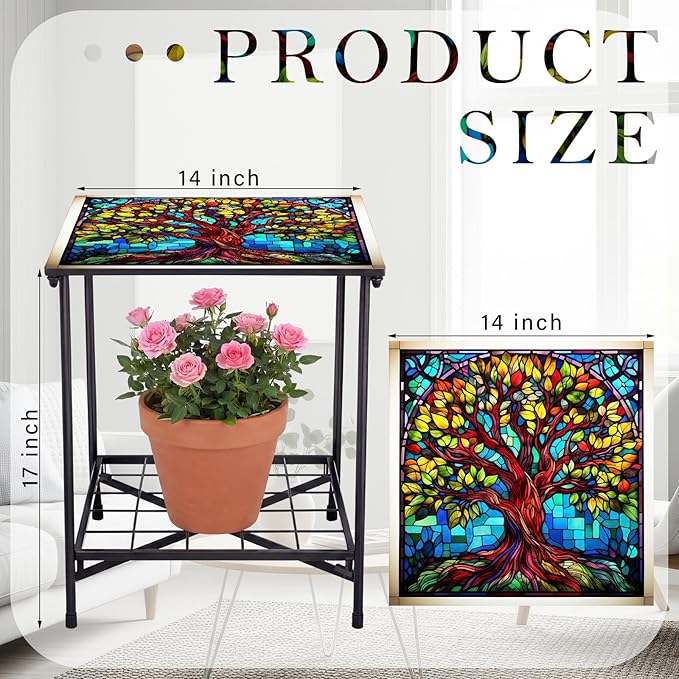 Outdoor Side Table 2-Tier Storage Square Small Mosaic Patio Accent Indoor End Plant Coffee Tea Table for Yard Patio Porch Garden Living Room, Bedroom(Tree of Life Style)