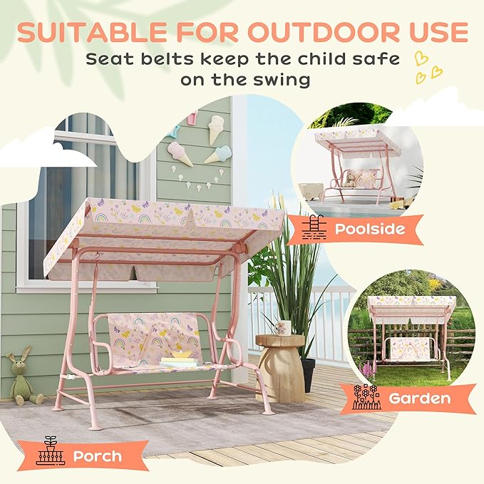 Qaba Kids Patio Swing, 2-Seater Outdoor Porch Swing Chair with Adjustable Canopy, Safety Belt - Photo 5