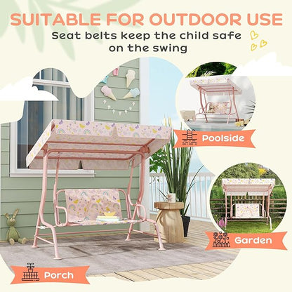Qaba Kids Patio Swing, 2-Seater Outdoor Porch Swing Chair with Adjustable Canopy, Safety Belt, Rainbow Pattern Hanging Swing Bench for Garden, Backyard, Pink