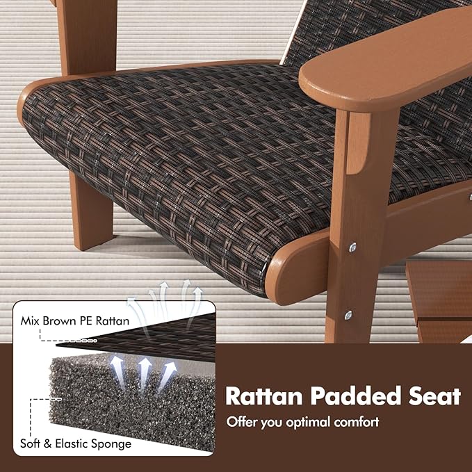 Tangkula Patio Wicker Adirondack Chair, HDPE Lounge Chair w/Rattan Padded Seat & Back, Wide Armrests & Hidden Cupholder, Outdoor All-Weather Adirondack Fire Pit Chair for Backyard, Lawn (1, Coffee)