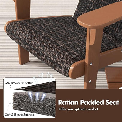 Tangkula Patio Wicker Adirondack Chair, HDPE Lounge Chair w/Rattan Padded Seat & Back, Wide Armrests & Hidden Cupholder, Outdoor All-Weather Adirondack Fire Pit Chair for Backyard, Lawn (1, Coffee)