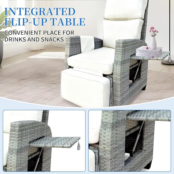 Wicker Outdoor Recliner | Outdoor Recliner Chair | Patio Recliner Chair with 4" Thick Cushion, Adjustable Backrest & Footrest, Flip-up Table & Side Pocket For Patio, Outdoor & Indoor (Gray&Beige)