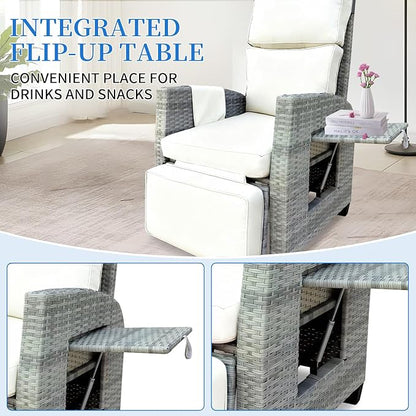 Wicker Outdoor Recliner | Outdoor Recliner Chair | Patio Recliner Chair with 4" Thick Cushion, Adjustable Backrest & Footrest, Flip-up Table & Side Pocket For Patio, Outdoor & Indoor (Gray&Beige)