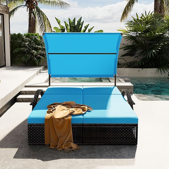 Outdoor Double Chaise Lounge with Adjustable Backrest and Sun Canopy - Photo 2