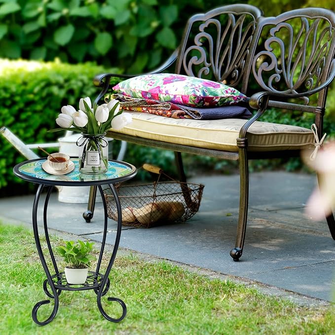 LIFFY Mosaic Outdoor Side Table, 14" Round Flower Patio Side Table with Storage Shelf, Small Bistro Coffee Table for Garden Yard Porch Living Room