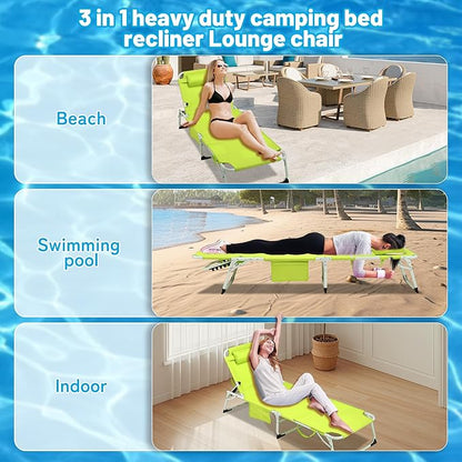 3-in-1 Oversized Sun Tanning Chair with Mat & Face Hole, Heavy Duty Folding Chaise Lounge - 5-Position Adjustable Outdoor Chair for Beach, Pool, Patio, Lawn, Yard - Includes Pillow (Green 2)