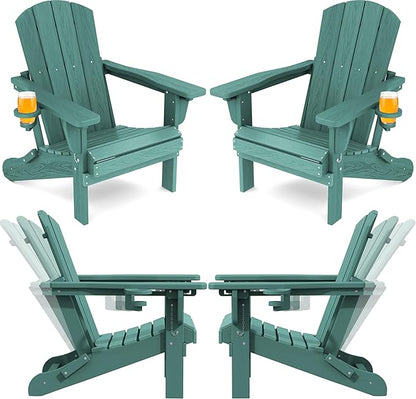 SERWALL Folding Adirondack Chair Set of 4, Adjustable Adirondack Chair with 3 Recline Positions, All Weather HDPE Outdoor Adirondack with Cup Holders, Light Green