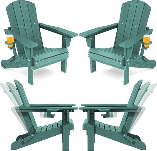 SERWALL Folding Adirondack Chair Set of 4, Adjustable Adirondack Chair with 3 Recline Positions, All Weather HDPE Outdoor Adirondack with Cup Holders, Light Green