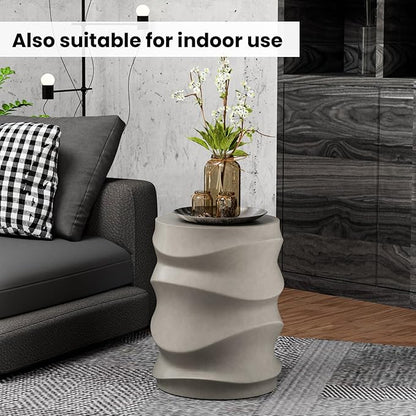 SUNBURY Outdoor Side Table, 18" H Concrete Accent End Table Streamlined, Small Round Cement Plant Stands Table, Decorative Garden Stools for Backyard, Grey