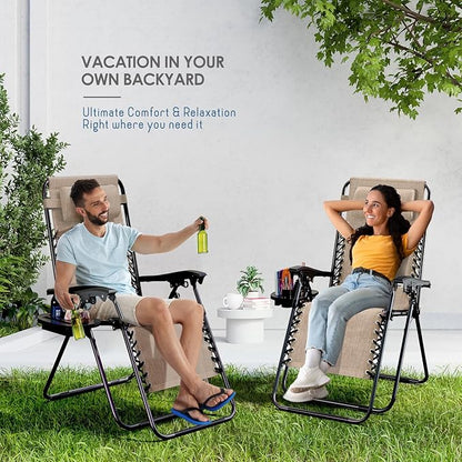 Nestl Zero Gravity Chairs Set of 2, Patio Lounge Chair Outdoor with Pillows & Cup Holder Trays, Adjustable Steel Mesh Reclining Camping Chair, Folding Patio Lawn Chair for Deck, Beach, Yard - Beige
