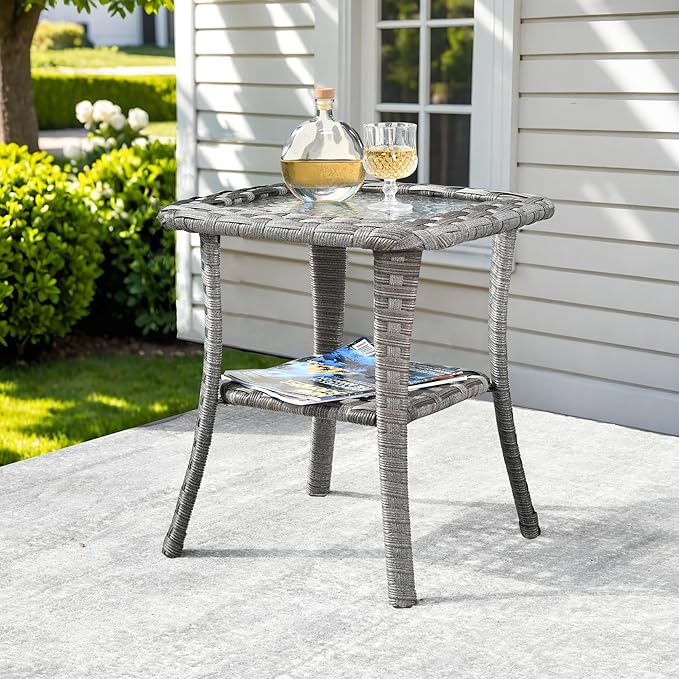 ovios Outdoor Side Table with Tempered Glass Top, Patio Wicker Rattan 2-Tier Storage Coffee End Tables for Porch Deck Balcony Garden Poolside (Light Grey-Small Size)