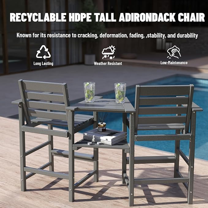 Tall Adirondack Chair Set of 2 ,HDPE Adirondack Bar Stools with Removable Connecting Trays ,Weather Resistant Balcony Chair,Outdoor Adirondack Bar Chairs for Patio,Pool,Garden, Backyard 360LBS Grey