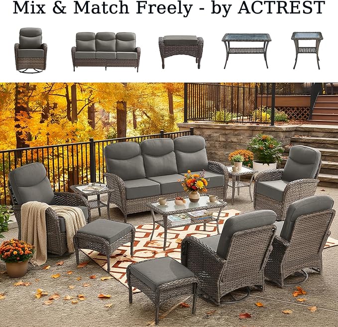 Outdoor Ottomans Patio Footrest Set of 2 - High Back Comfortable Brown Wicker Rattan Steel Frame Footstool Additional Bench Side Table for Porch Balcony Deck Garden Poolside - Grey