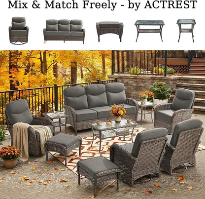 Outdoor Ottomans Patio Footrest Set of 2 - High Back Comfortable Brown Wicker Rattan Steel Frame Footstool Additional Bench Side Table for Porch Balcony Deck Garden Poolside - Grey