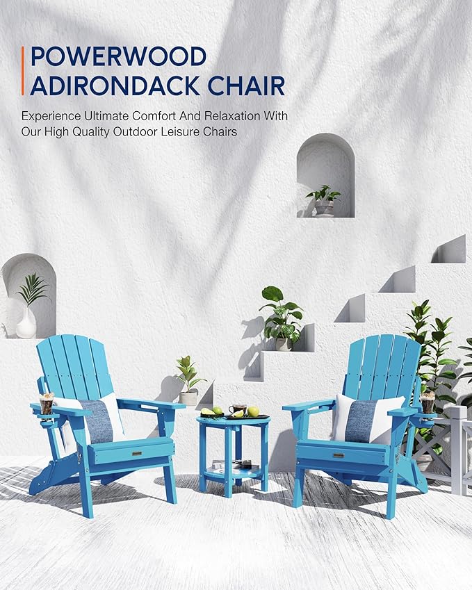 Adirondack Chairs Set of 2 for Outdoor Patio: Sturdy HDPE Plastic Fire Pit Chairs with Cup Holder & Wood Texture - Comfortable Easy to Assembly All-Weather Furniture - Easy Foldable and Stackable