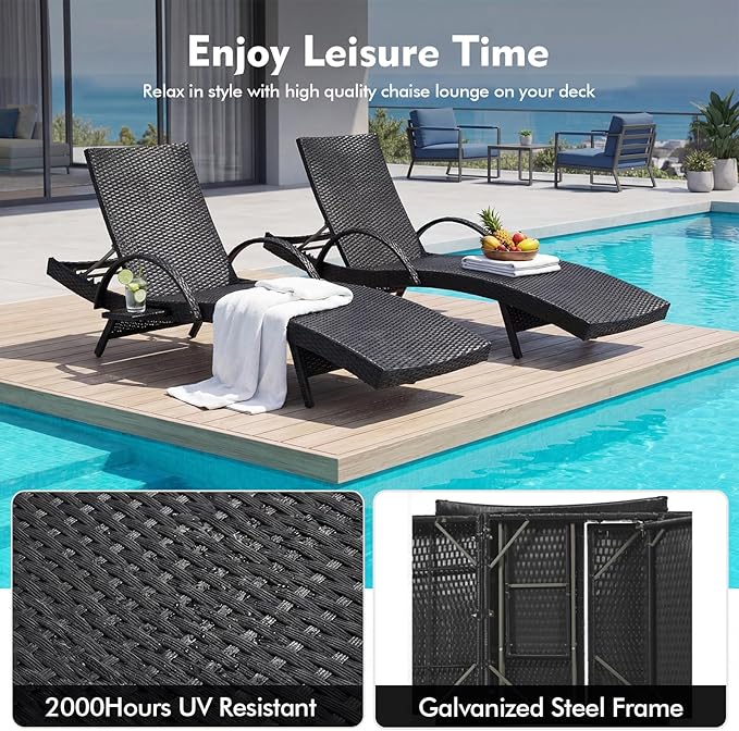 80'' Outdoor Wicker Chaise Lounge Chairs Set of 2, Patio Rattan Reclining Chair with Pull-Out Side Table - Photo 9