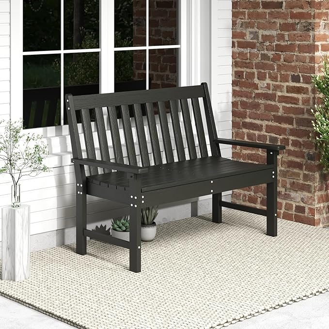 Tangkula HDPE Outdoor Garden Bench with Backrest, 2-Person All-Weather Patio Loveseat Chair with Slatted Seat, 705 lbs Weight Capacity, Patio Benches for Balcony, Garden, Porch, Backyard & Park, Black
