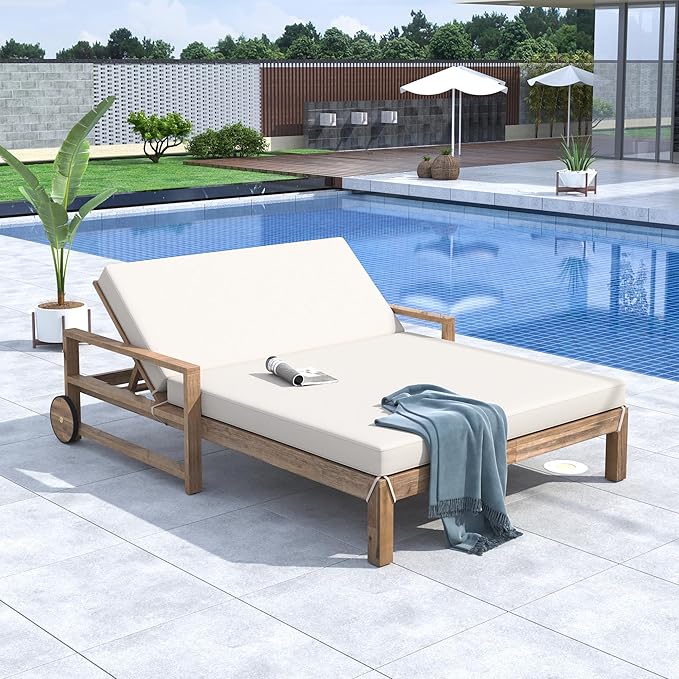 Farmhouse Wooden Outdoor Sunbed, Ultimate Relaxation Patio Daybed Seating with Adjustable Backrest and Movable Wheels - Photo 2