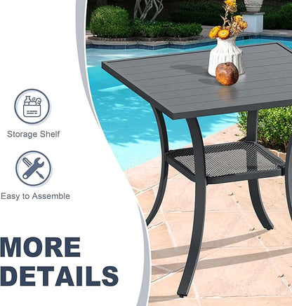 VICLLAX Patio Dining Table, Square Table Metal Outdoor Bistro Table with Rack for Balcony Garden Deck, 28inch Dark Grey
