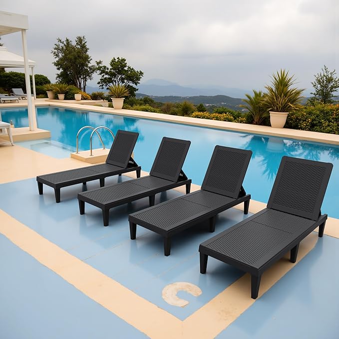 Greesum Outdoor Chaise Lounge Chairs Set of 4 with 5-Position Adjustable Backrest, Waterproof PP Sun Loungers for Garden Pool Beach Patio Deck Sunbathing, Black